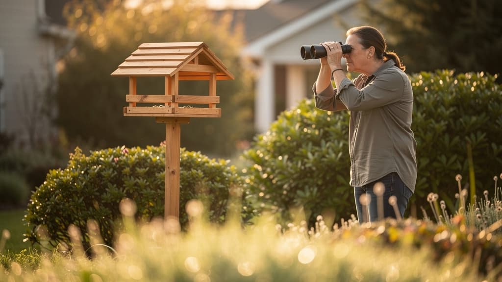 A curious backyard bird watcher peering through binoculars toward a
