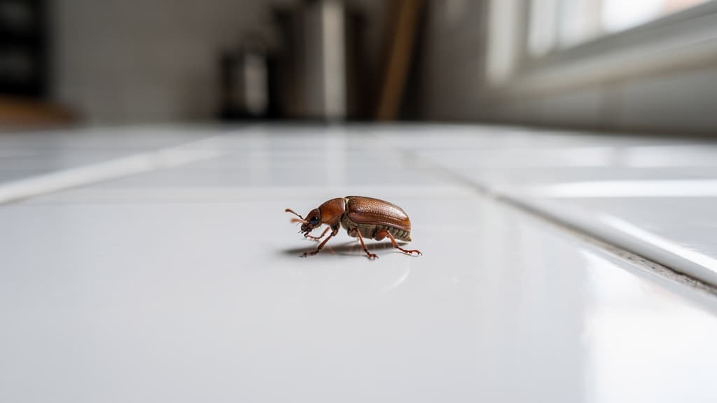 A close-up macro photograph of a small brown beetle crawling
