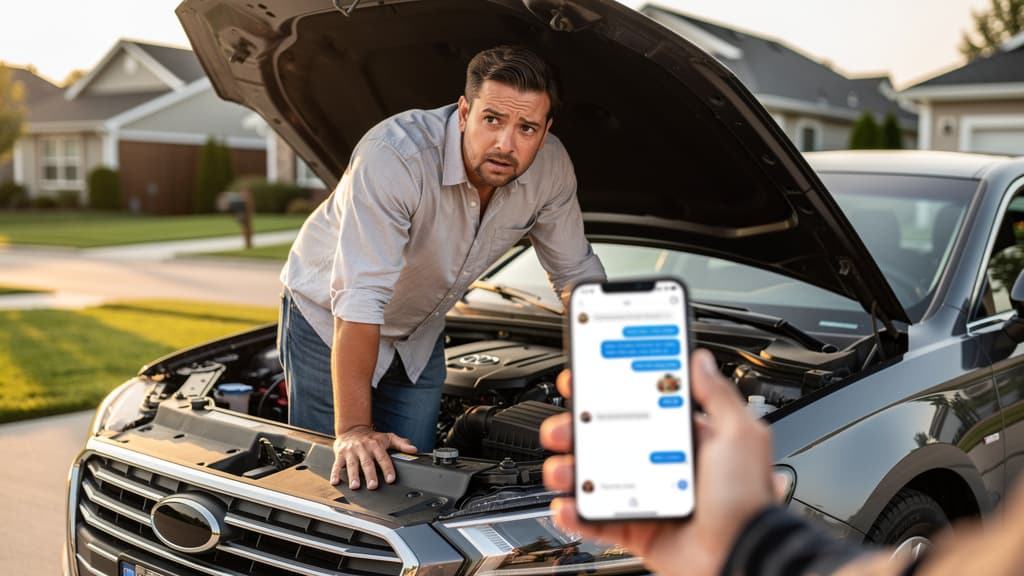 A worried driver leaning over the open hood of a