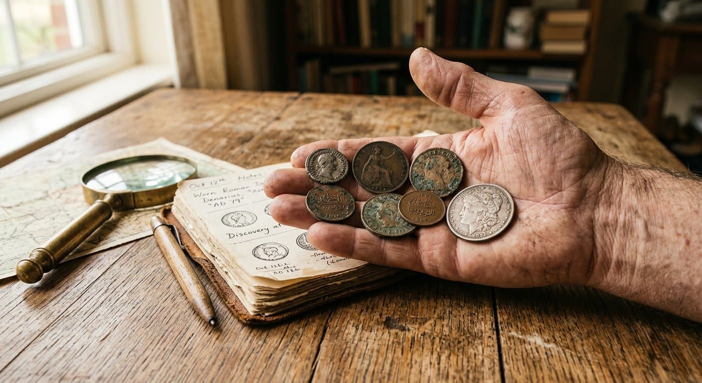 A weathered hand holding several old tarnished coins of varying
