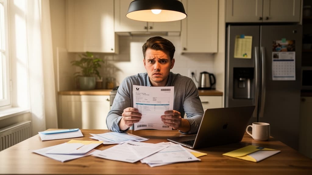 A person sitting at a kitchen table under warm overhead
