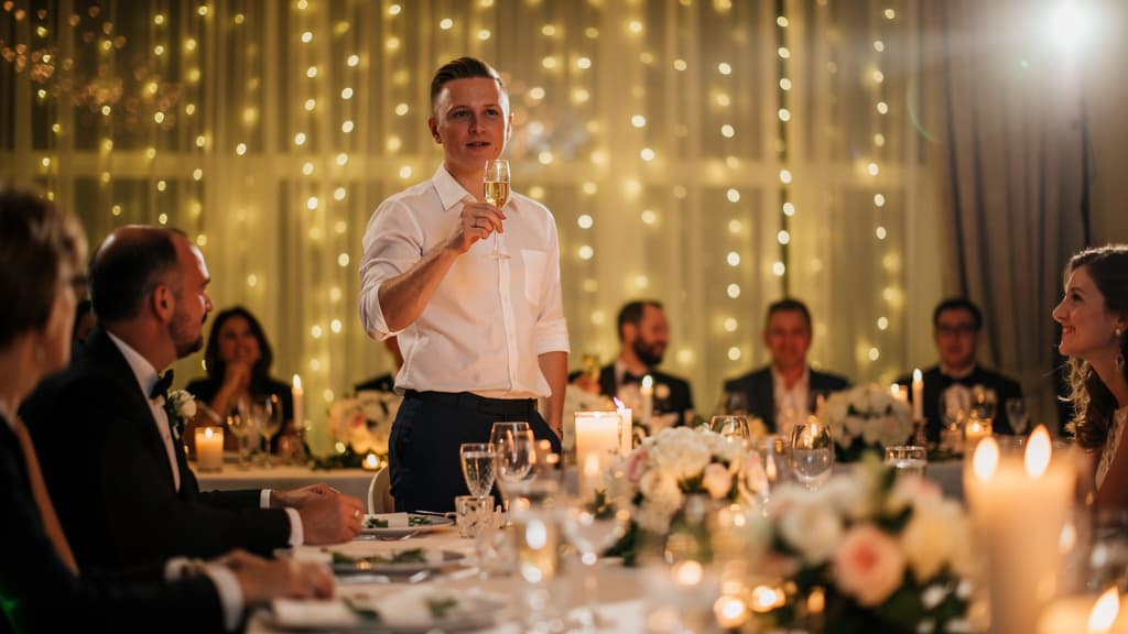 A person standing confidently at a elegantly decorated wedding reception