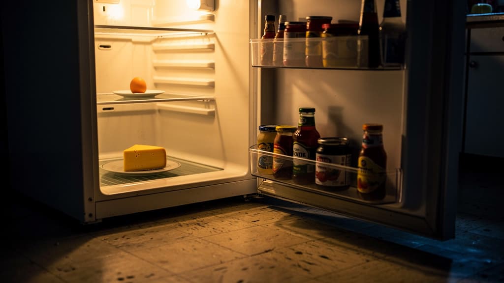 A slightly open refrigerator glowing softly in a dim kitchen